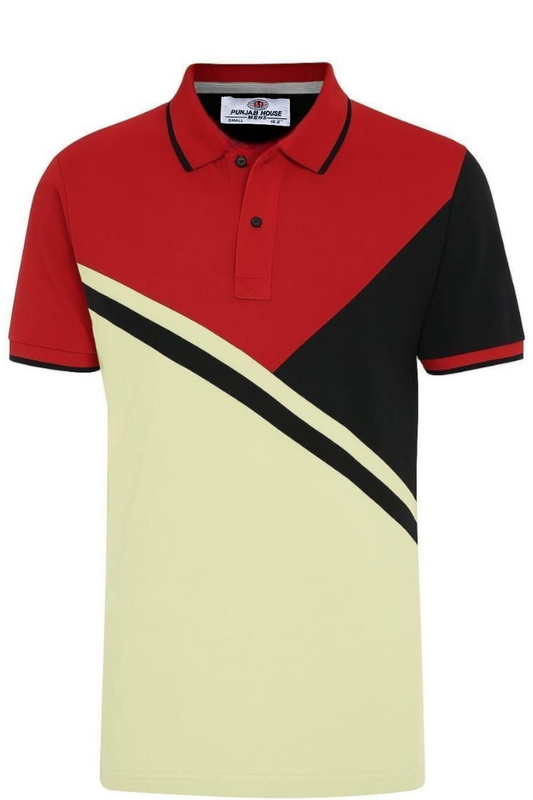 Modern Tri-Tone Polo Shirt – Red, Black & Beige