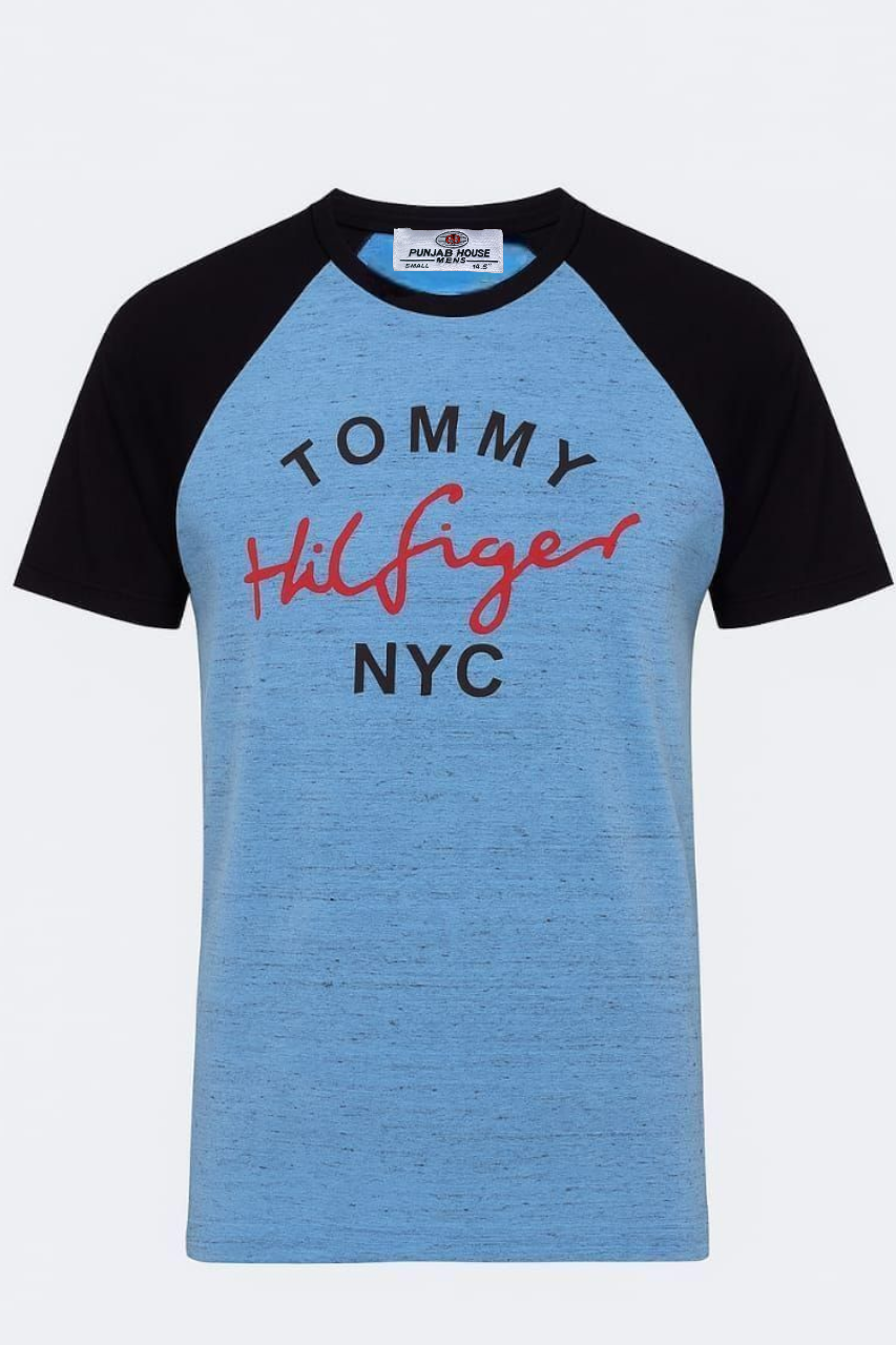 Sky Blue & Black Raglan Graphic Tee